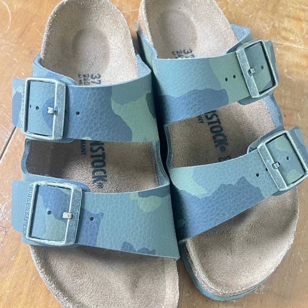 Birkenstock Desert Soil Camo Sz 37 Sandals Double Buckle Green Camophlage Narrow